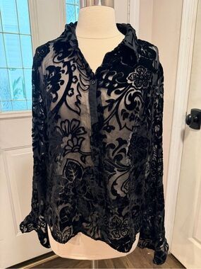 Ice Black Sheer Burnout Floral Button-Down Blouse